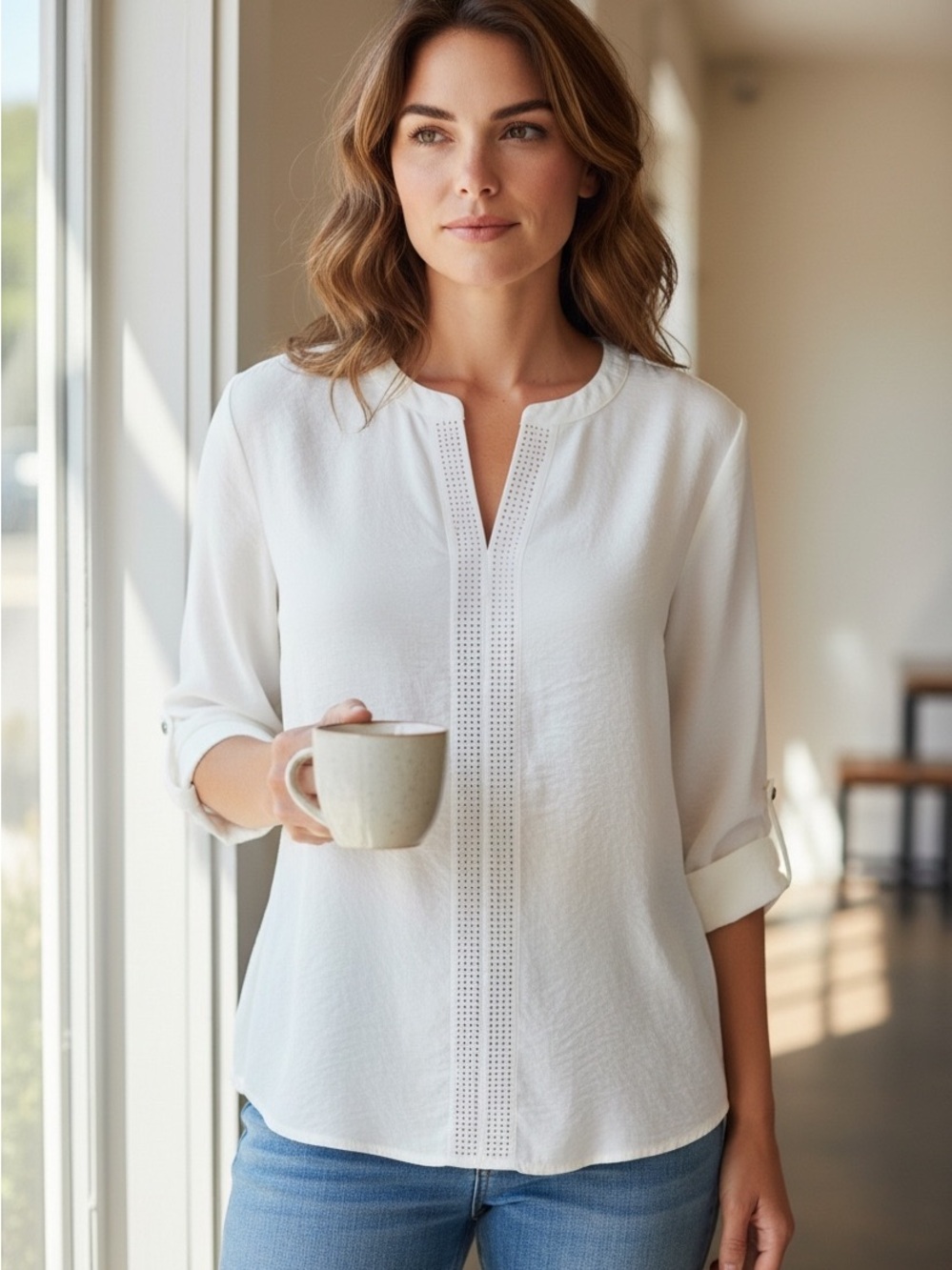 Maurices White Split-Front Eyelet Trim Blouse